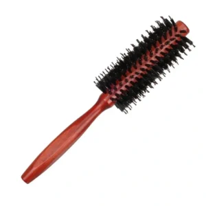 Red round hairbrush with black bristles.