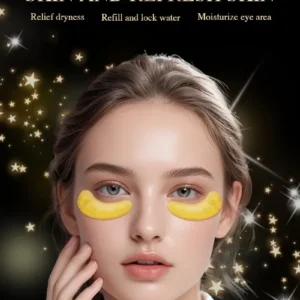 Woman with under-eye patches, moisturizing effect.