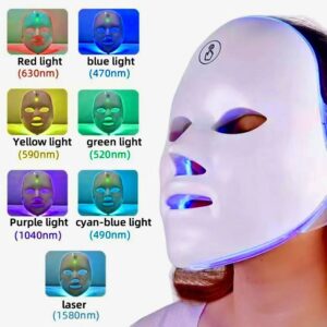A person wearing a light therapy mask with a color light guide chart.