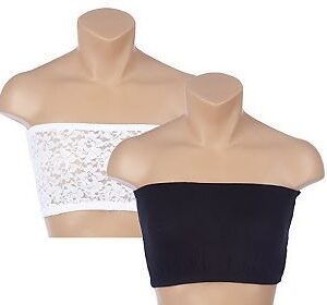 Two strapless bandeau bras, one white lace and one black.