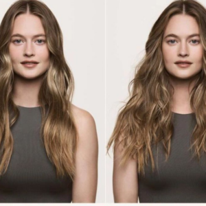 Side-by-side comparison of a woman with smooth and voluminous wavy hair.