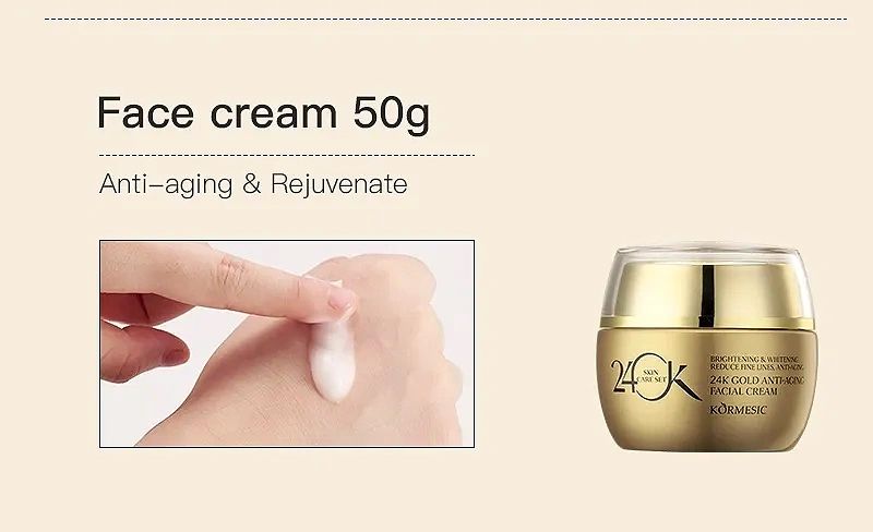 Applying anti-aging cream from a gold container on hand.