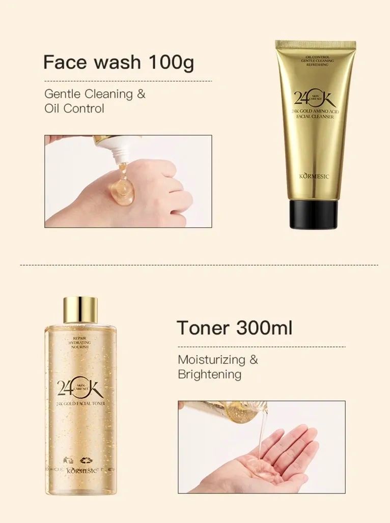 Skin care products including cleansing oil and toner for moisturizing and brightening.
