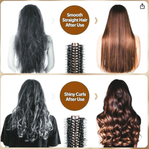 Before and after hair transformation showing smooth and shiny results.