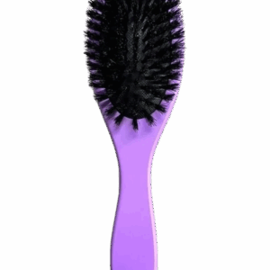 A purple hairbrush with black bristles on a plain background.