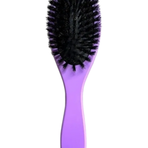 A purple hairbrush with black bristles on a plain background.
