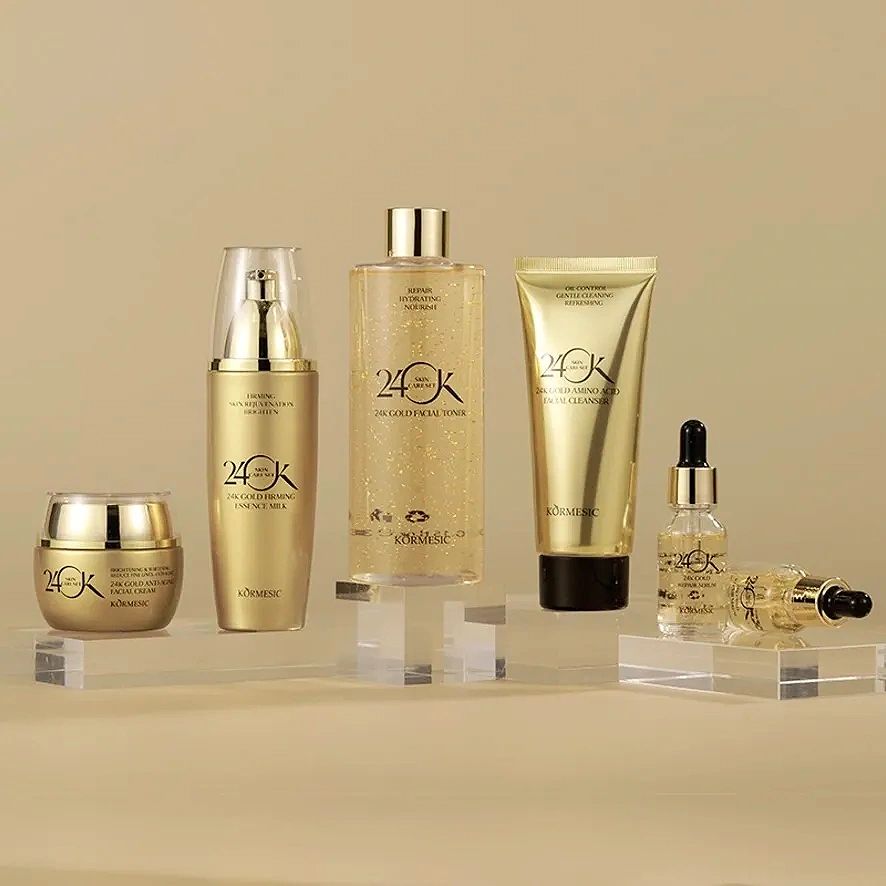 Elegant skincare products displayed on a beige background.