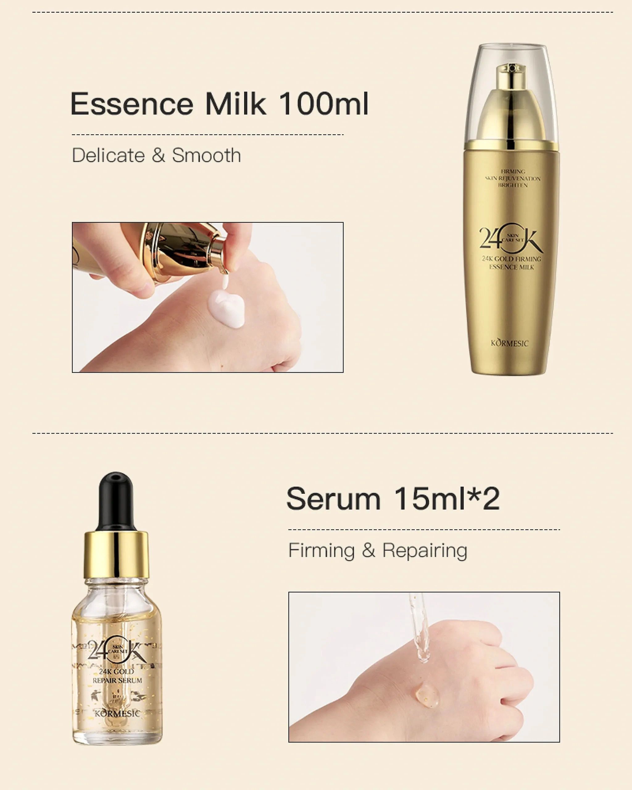 Essence milk and serum skincare products for delicate, smooth, firm, and repairing skin.